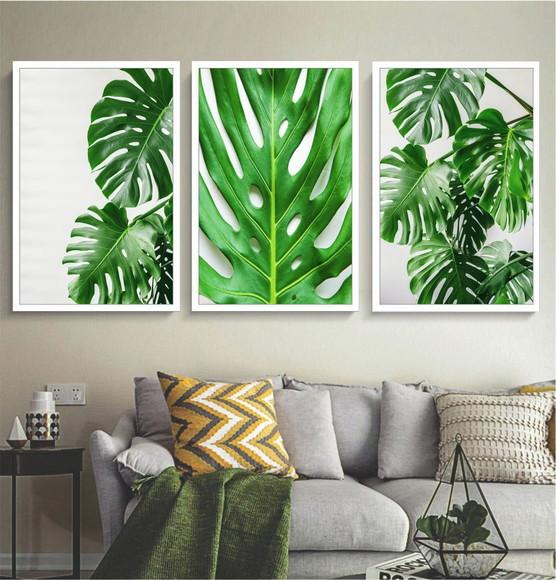 Kit 3 Quadros Decorativos Folhagem Verde Moderno Com Moldura