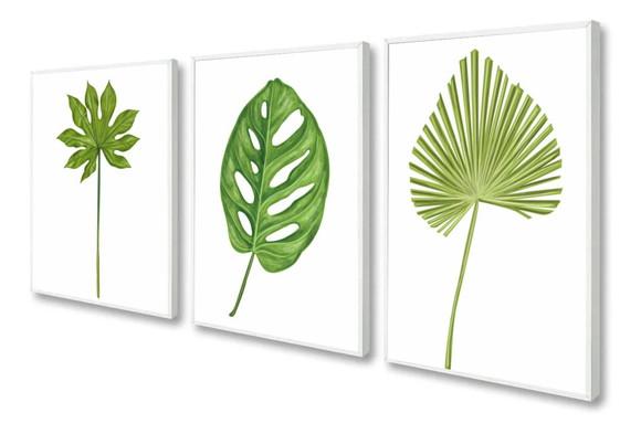 Kit 3 Quadros Decorativos Folhagem Verde Moderno Com Moldura