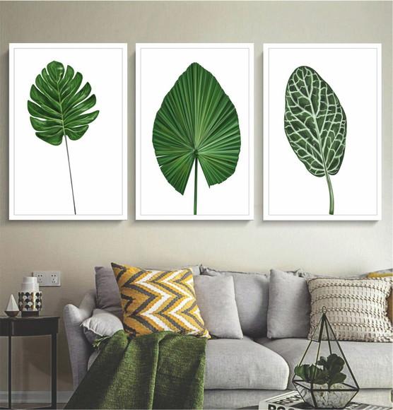 Kit 3 Quadros Decorativos Folhagem Verde Para Sala Moldura