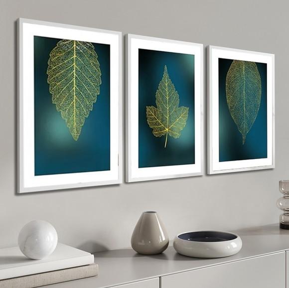 Kit 3 Quadros Decorativos Folhagem Verde Para Sala Moldura