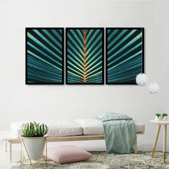 Kit 3 Quadros Decorativos Folhagem Verde Para Sala Moldura