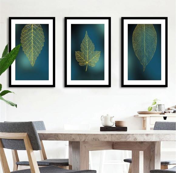 Kit 3 Quadros Decorativos Folhagem Verde Sala Gold Moldura