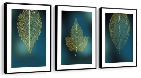 Kit 3 Quadros Decorativos Folhagem Verde Sala Gold Moldura