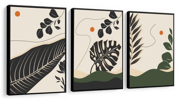 Kit 3 Quadros Decorativos Folhagem Verde Sala Hall Moldura