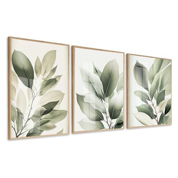 Kit 3 Quadros Decorativos Folhagem Verde Vidro e Moldura