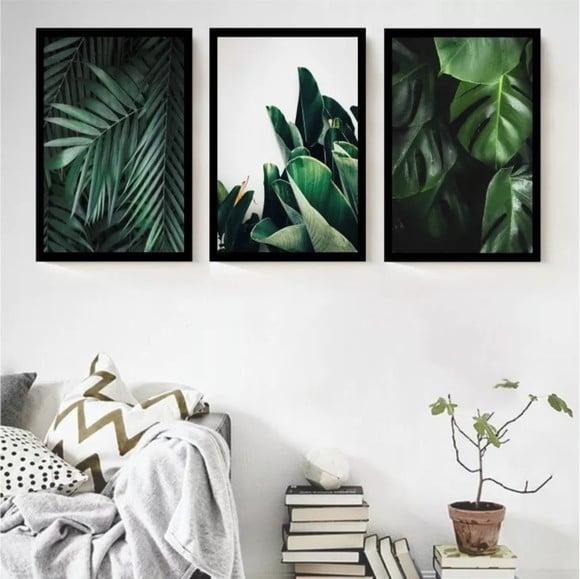 Kit 3 Quadros Decorativos Folhagens Botânico Verde Molduras