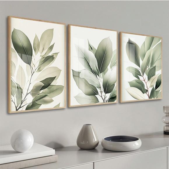 Kit 3 Quadros Decorativos Folhagem Verde Vidro e Moldura