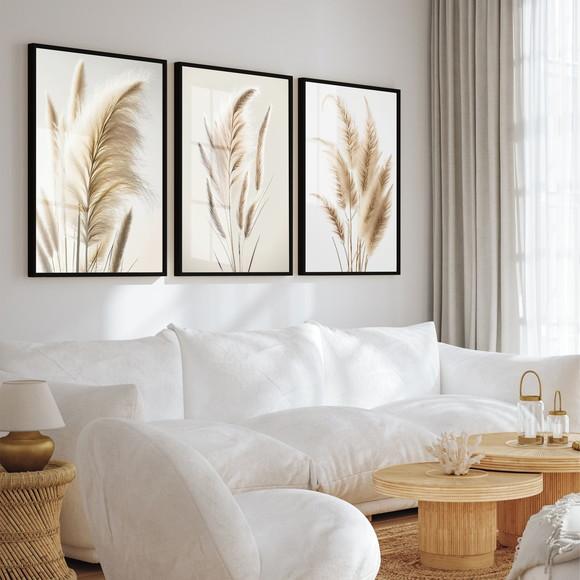 Kit 3 Quadros Decorativos Folhas Bege Boho Moldura e Vidro