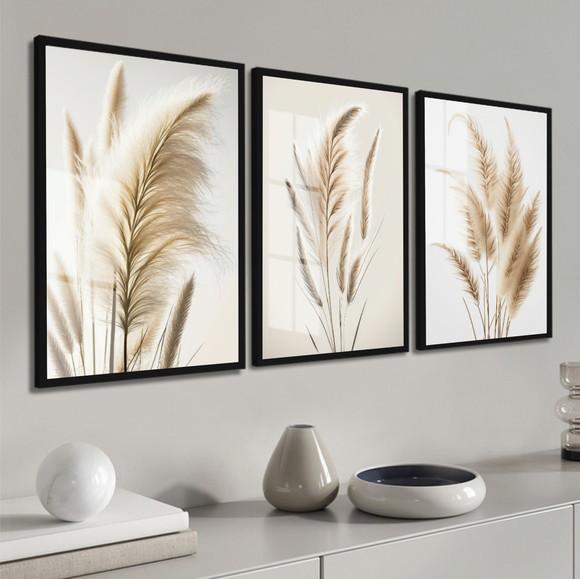 Kit 3 Quadros Decorativos Folhas Bege Boho Moldura e Vidro