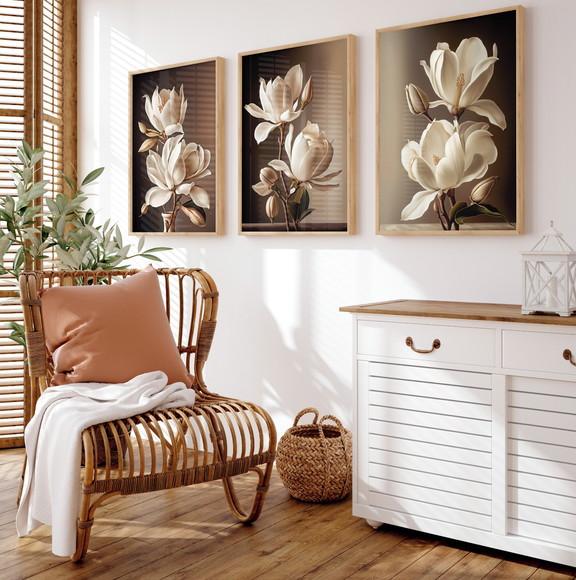 Kit 3 Quadros Decorativos Folhas Bege Moderna Moldura Vidro