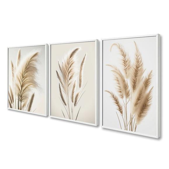 Kit 3 Quadros Decorativos Folhas Bege Quarto Sala Moldura