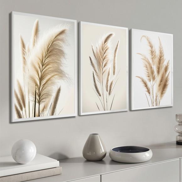 Kit 3 Quadros Decorativos Folhas Bege Quarto Sala Moldura