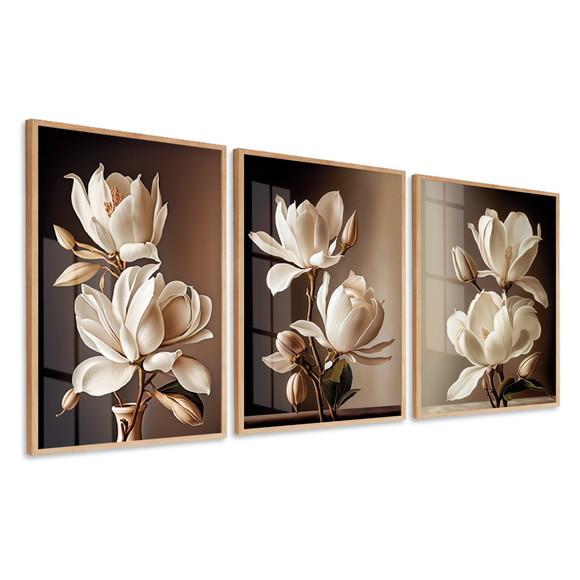 Kit 3 Quadros Decorativos Folhas Bege Moderna Moldura Vidro