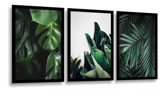 Kit 3 Quadros Decorativos Folhagens Botânico Verde Molduras