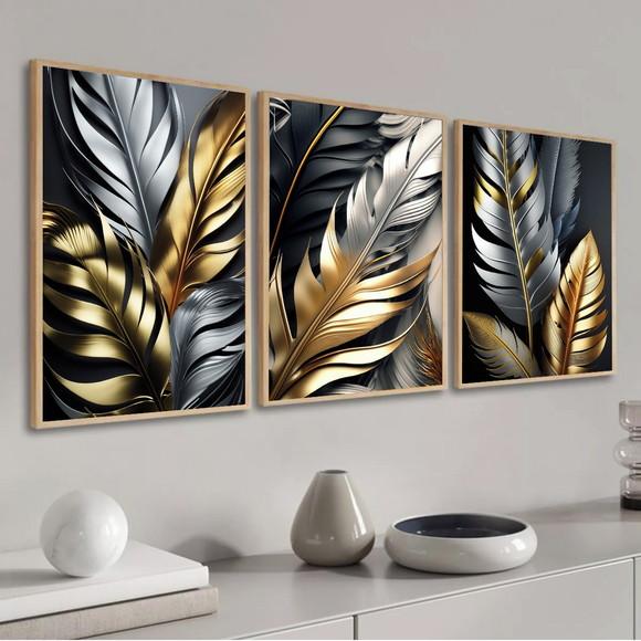 Kit 3 Quadros Decorativos Folhas Douradas Gold Sala Moldura