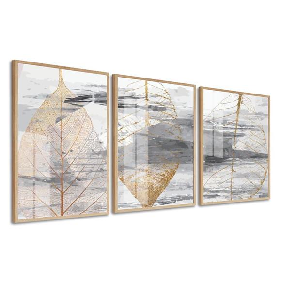 Kit 3 Quadros Decorativos Folhas Douradas Moldura e Vidro