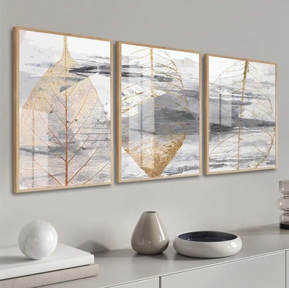 Kit 3 Quadros Decorativos Folhas Douradas Moldura e Vidro