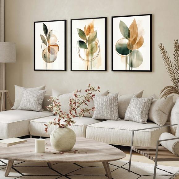 Kit 3 Quadros Decorativos Folhas Modernas Moldura e Vidro