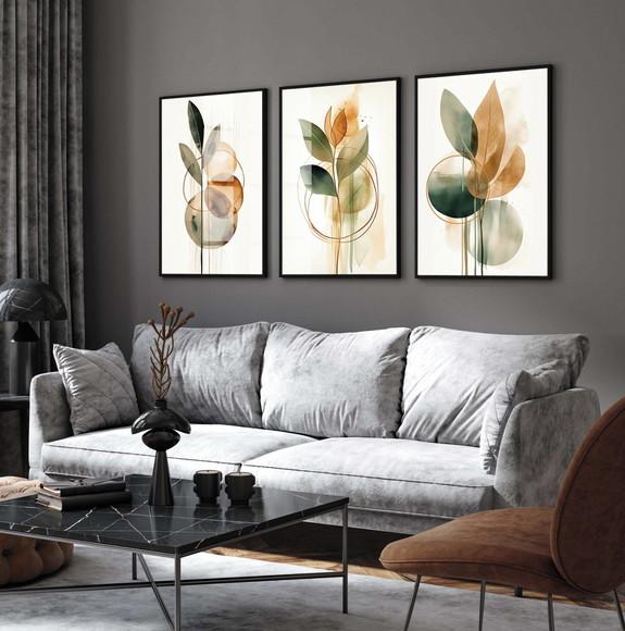 Kit 3 Quadros Decorativos Folhas Modernas Moldura e Vidro