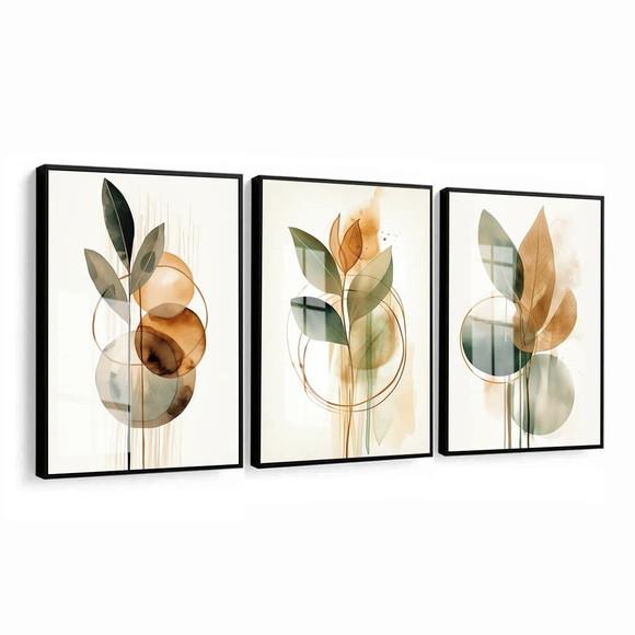 Kit 3 Quadros Decorativos Folhas Modernas Moldura e Vidro