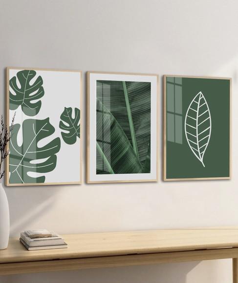 Kit 3 Quadros Decorativos Folhas Verdes com Moldura e Vidro