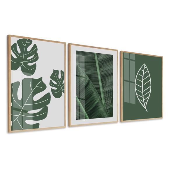 Kit 3 Quadros Decorativos Folhas Verdes com Moldura e Vidro