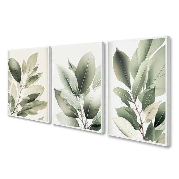Kit 3 Quadros Decorativos Folhas Verdes Vidro e Moldura