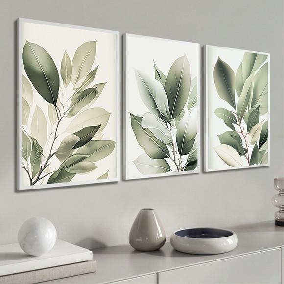 Kit 3 Quadros Decorativos Folhas Verdes Vidro e Moldura