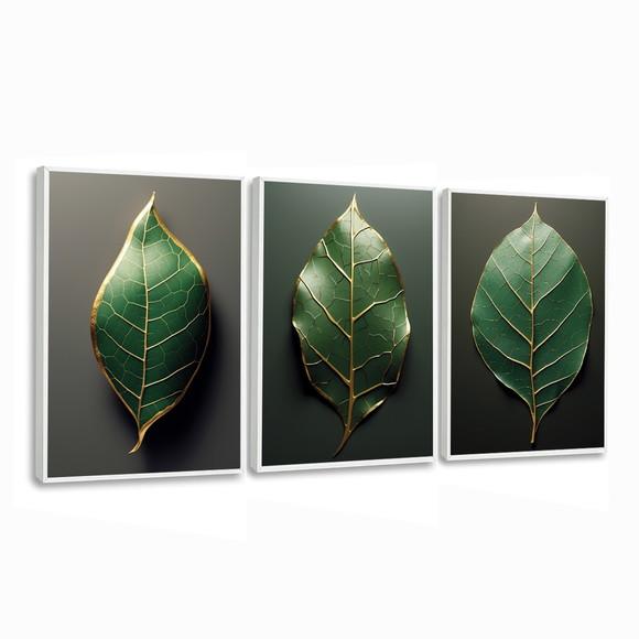 Kit 3 Quadros Decorativos Folhas Verdes Sala Hall Moldura