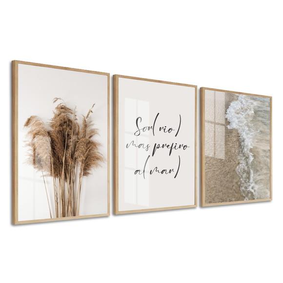 Kit 3 Quadros Decorativos Frase Folhagem Boho Moldura Vidro