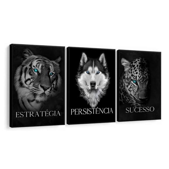 Kit 3 Quadros Decorativos Frase Motivacional Animais Moldura