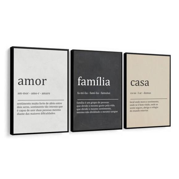 Kit 3 Quadros Decorativos Frases Amor Família Casa Moldura