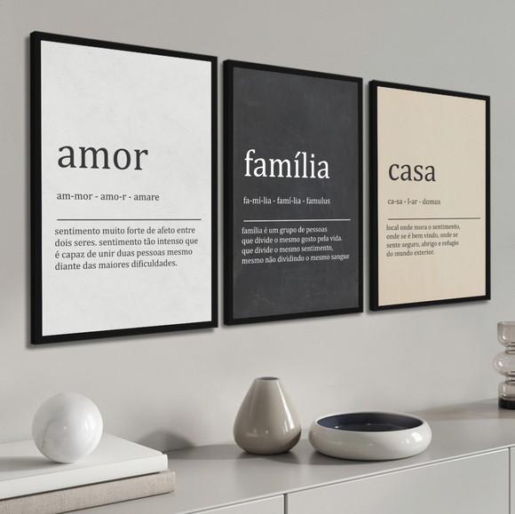 Kit 3 Quadros Decorativos Frases Amor Família Casa Moldura