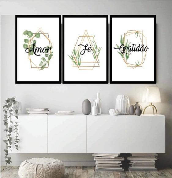 Kit 3 Quadros Decorativos Frases Amor Fé Gratidão Molduras