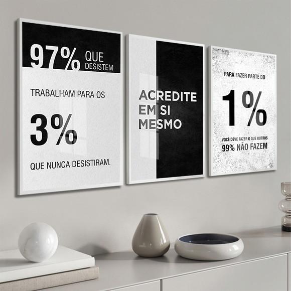Kit 3 Quadros Decorativos Frases Escritório Moldura e Vidro