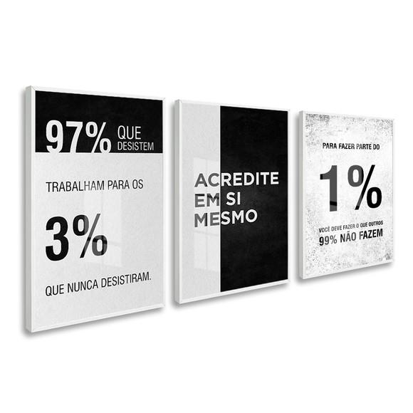 Kit 3 Quadros Decorativos Frases Escritório Moldura e Vidro