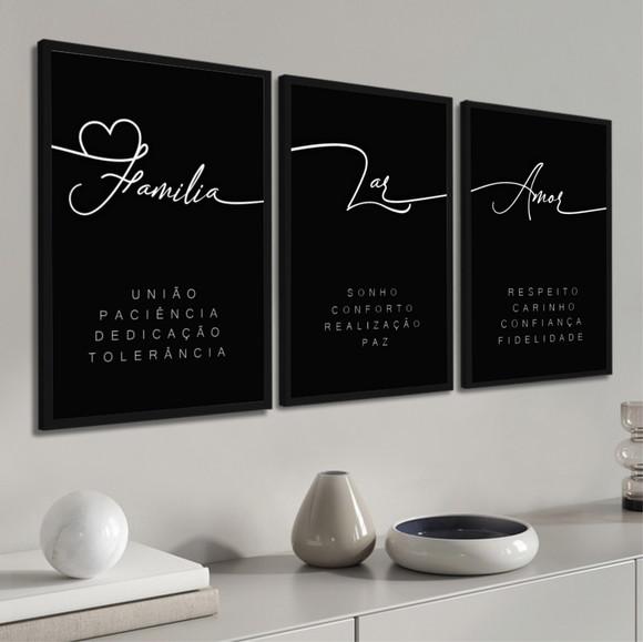 Kit 3 Quadros Decorativos Frases Família Lar Amor Moldura