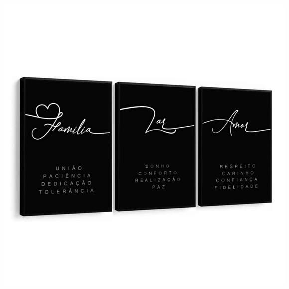 Kit 3 Quadros Decorativos Frases Família Lar Amor Moldura