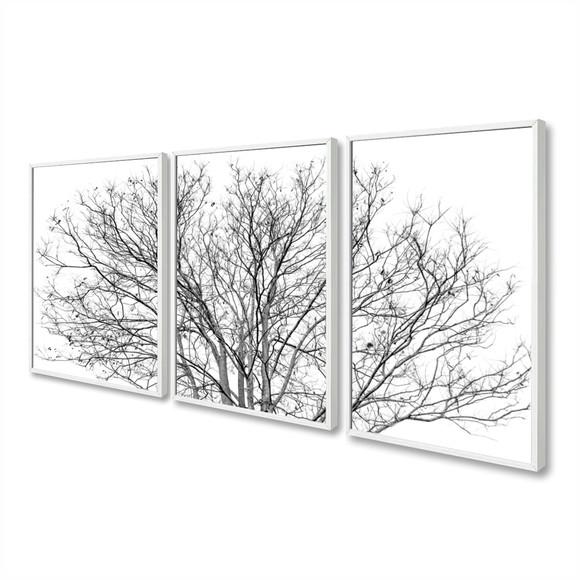 Kit 3 Quadros Decorativos Galhos Preto e Branco com Moldura