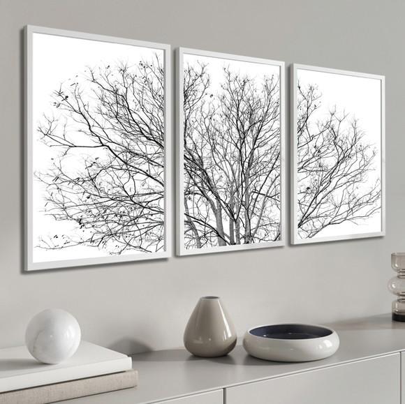 Kit 3 Quadros Decorativos Galhos Preto e Branco com Moldura