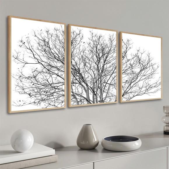 Kit 3 Quadros Decorativos Galhos Preto e Branco Com Moldura