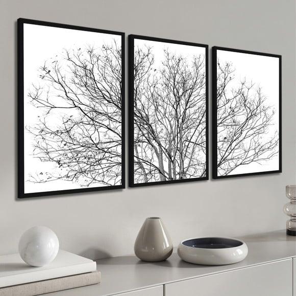 Kit 3 Quadros Decorativos Galhos Preto e Branco Com Moldura