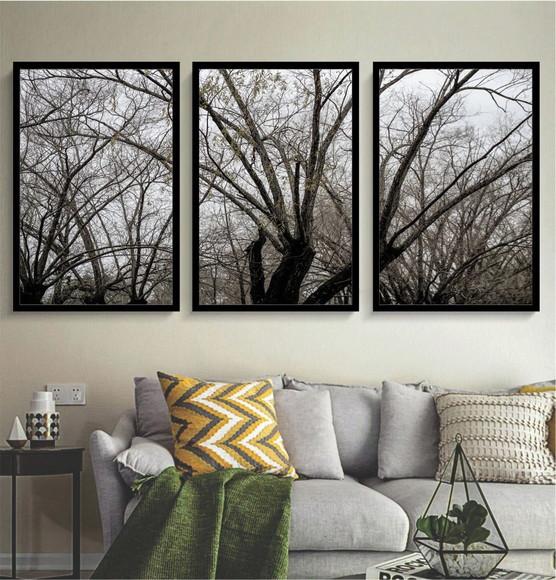 Kit 3 Quadros Decorativos Galhos Preto e Branco Com Moldura
