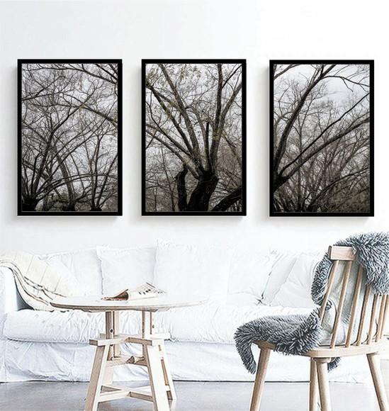 Kit 3 Quadros Decorativos Galhos Preto e Branco Com Moldura