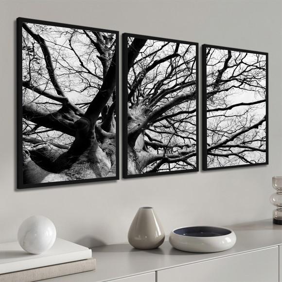 Kit 3 Quadros Decorativos Galhos Preto E Branco Com Moldura