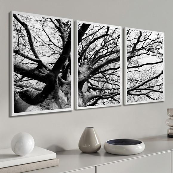 Kit 3 Quadros Decorativos Galhos Preto E Branco Com Moldura