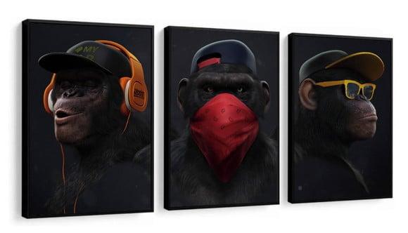 Kit 3 Quadros Decorativos Gangue dos Macacos Sábios Moldura