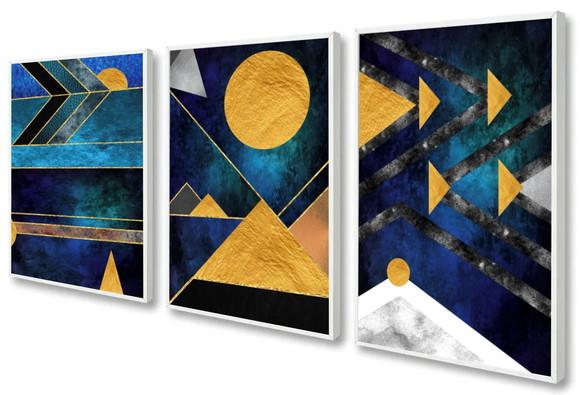 Kit 3 Quadros Decorativos Geométrico Azul Abstrato Moldura