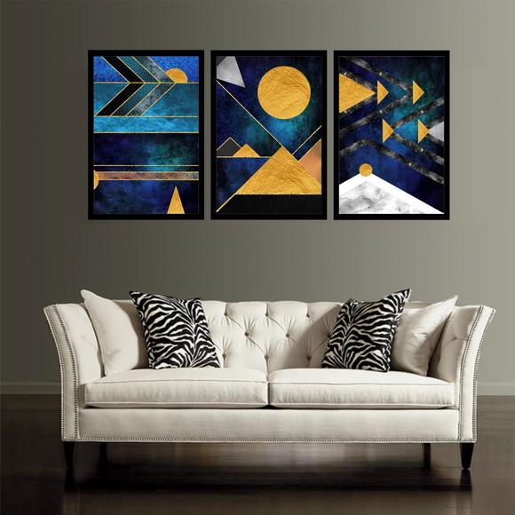 Kit 3 Quadros Decorativos Geométrico Azul Abstrato Moldura