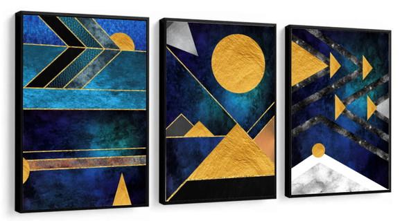 Kit 3 Quadros Decorativos Geométrico Azul Abstrato Moldura